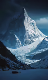 a huge mountain with some trees and people
