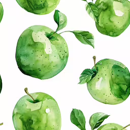 a close up of an apple with a green apple,a white background with green apples painted on it