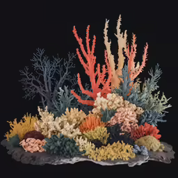 a group of corals on some sand against a black background