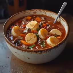 a brown bowl filled with food topped with meat