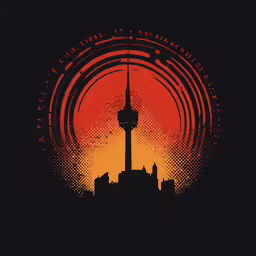 a large sun that is setting with buildings and towers in the background