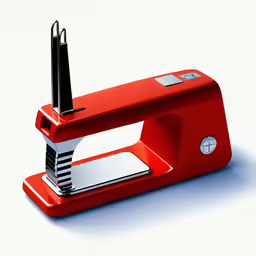 an orange stapler with an open top on a table