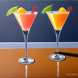 two colorful drinks with fruit and garnish in glasses