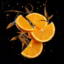 an overhead shot of oranges with leaves and stems