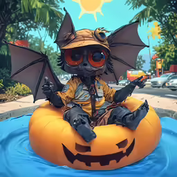 there is a small halloween cat that is riding on an inflatable float