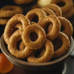 a brown bowl filled with donuts next to orange slices