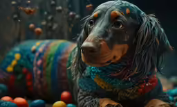 a dog with very colorful sweaters sits near colorful balls