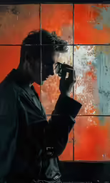 a man looks through a magnifying glass and holds a camera