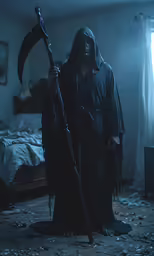 a hooded figure with a staff stands in an empty room