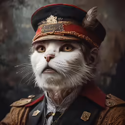 a close up of a white cat wearing a costume