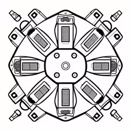 the top view of a circular car motif in black and white,cars drive through the center of an ornately decorated circle