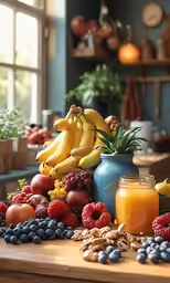 a table is covered with fresh fruit, nuts and orange juice