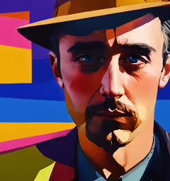 a portrait of an old man with a hat on,a person with a hat and suit has a mustache