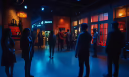 a group of people standing inside of a building