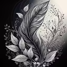 a black and white illustration of leaves on a circle