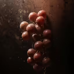 water splashes on the fruit hanging from a vine