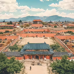 an aerial view of a building that has a blue roof