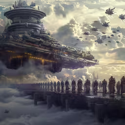 futuristic ship floating above cityscape in cloudy sky,there is a large structure that can be see over clouds
