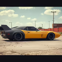 a yellow car sitting in the street next to a building