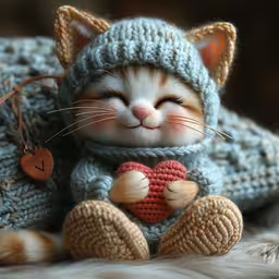 a cat that is sitting down next to a blanket,a cat wearing a sweater and hat holding a heart