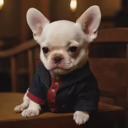 a cute little dog in a jacket on top of a wooden table