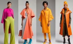 three women models in neon colored outfits standing against white background