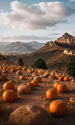 pumpkins sit in the dirt near a mountain range