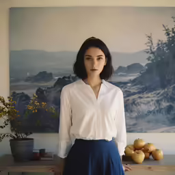 there is a woman standing in front of some apples