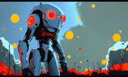 the character is standing alone in front of a red and orange sunset
