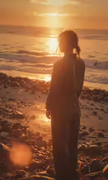 a girl standing on rocks and looking out to the ocean at sunset