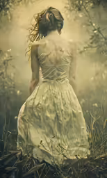 a woman in a dress and a forest is staring at the ground