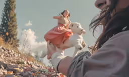 a woman is holding a stuffed pig while she has another stuffed animal nearby
