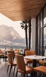 tables and chairs on a patio with mountains in the background