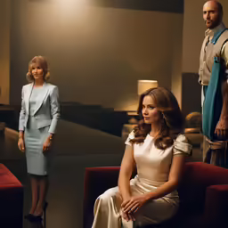two women sit on the red sofa in a room with men and women in uniform