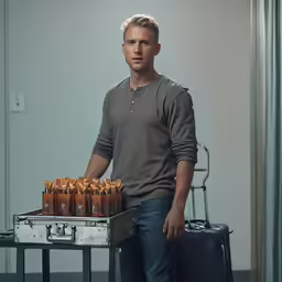 a man holds a tray filled with bottles of beer