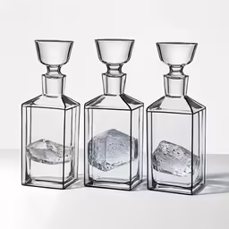 three bottles and two glasses in front of a white background
