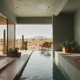 large open room with pool next to building overlooking desert