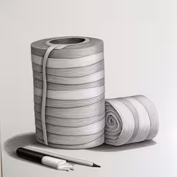 a pencil drawing of a roll of paper and a pen,a roll of toilet paper next to a roll of markers