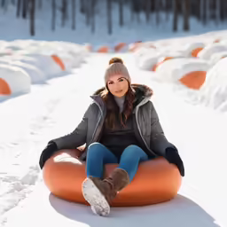 a girl on an inflatable sled having a snack
