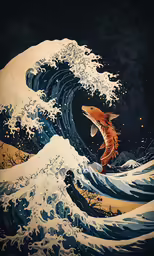 fish jumping above huge waves while flying above