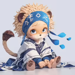a doll is in a white and blue outfit