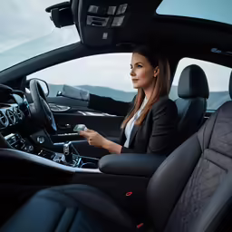 a woman driving the luxury vehicle has her phone in her hand