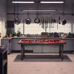 a large kitchen with pots and pans hanging above a stove top