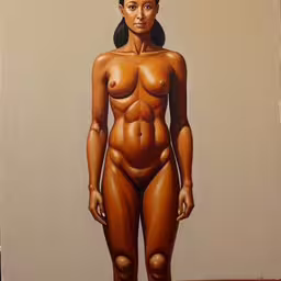 painting of naked woman standing on tiled floor,an image of a painted female with no shirt on