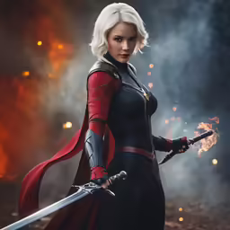 a woman dressed in black with white hair holds sword