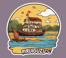 the sticker depicts a boat sailing in the water,a sticker that reads, pringueuxs on a boat with trees in the background
