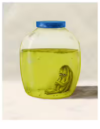 an image of a jar with something in it,the painting is a yellow jar with a white monkey in it