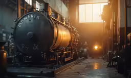 an old steam locomotive parked in a large warehouse