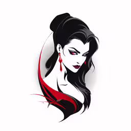 the face and hair of a woman with red accents on it,an asian woman with red hair and earrings