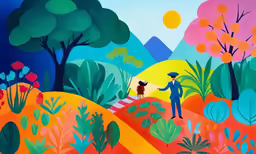 this is an illustration of a man and a woman standing in the woods